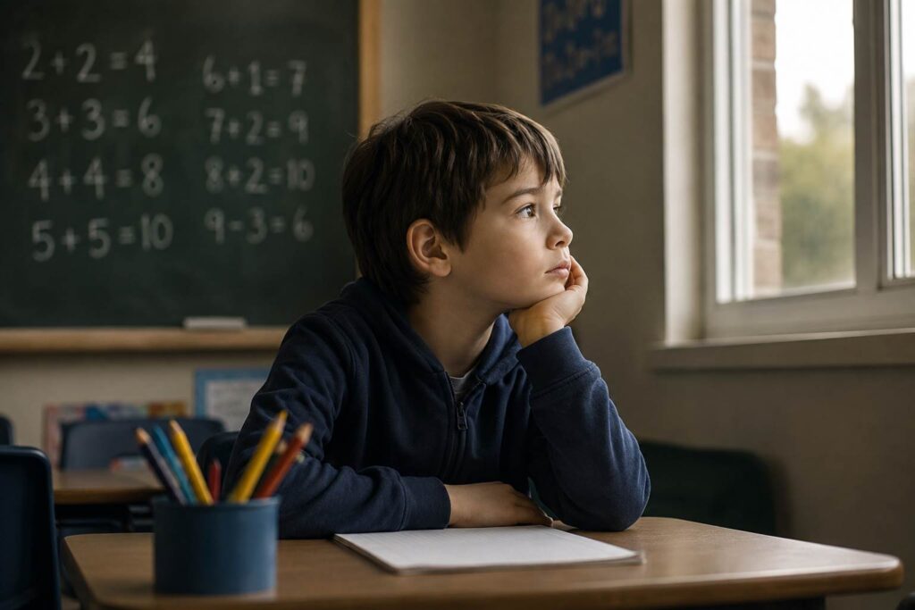 Gifted child sitting alone at school desk looking out the window, bored and disengaged in class